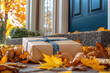 © AI future - Autumn leaves blanket a doorstep where a carefully wrapped package awaits collection in a serene suburban neighborhood