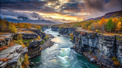 Wall Mural - River canyon landscape in Abisko national park at sunset with misty atmosphere and darkening sky, lakes, travel