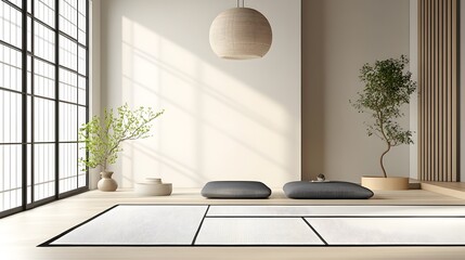 Wall Mural - features a spacious and uncluttered Japanese minimalist room with clean lines and a serene ambiance