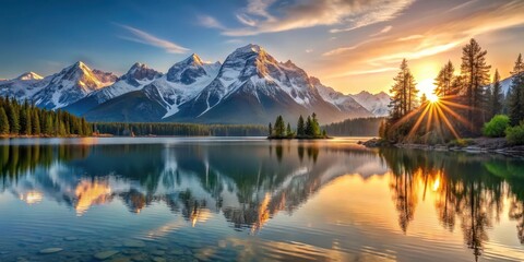 Wall Mural - A majestic mountain landscape with a serene lake and a rising sun in the background