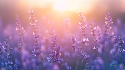 Wall Mural - A soft-focus image of lavender flowers bathed in warm, golden sunlight during golden hour, with a dreamy pastel color palette of purples, pinks, and yellows creating a serene and tranquil atmosphere. 