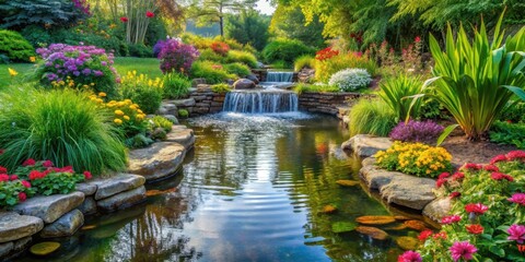 Wall Mural - A serene water feature in a peaceful garden setting surrounded by lush greenery and vibrant flowers, with a gentle stream running through it , calmness, nature