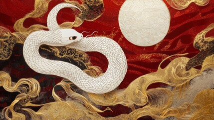 Wall Mural - Happy Chinese New Year, year of the snake zodiac sign hanging beautiful on red background.