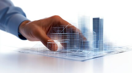 a hand holding architectural blueprint, urban setting, modern city development background, dynamic angle, isolated on white background