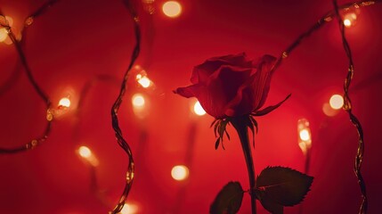 Poster - Red rose illuminated by warm fairy lights on red background.