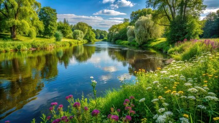 Wall Mural - A serene riverbank with lush greenery and wildflowers, wildlife photography, scenery,  wildlife photography