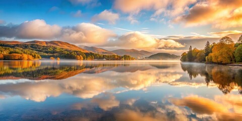 Wall Mural - serene sunrise over Coniston Water with misty atmosphere and wispy clouds against autumnal landscape, coniston water, scenic views