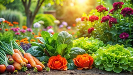 Wall Mural - Lush greenery of a vegetable garden with carrots, lettuce, and tomatoes growing amidst vibrant flowers , Lettuce