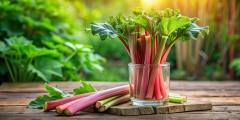 Wall Mural - Fresh organic rhubarb stalks arranged in a vase on a rustic wooden table