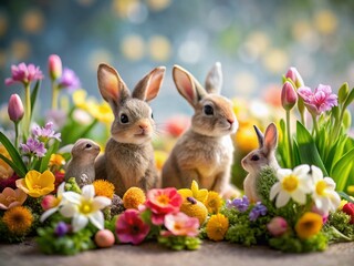 Wall Mural - Adorable Easter Hares & Spring Flowers Tilt-Shift Miniature Photography