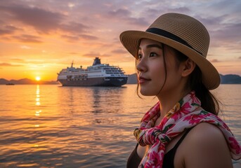 Woman enjoying sunset with cruise ship in scenic ocean background