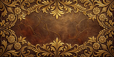 Wall Mural - Ornate leather background adorned with intricate golden floral patterns and subtle texture details , floral, antique