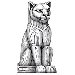 A stylized black and white illustration of a cougar sitting on a base, rendered in a detailed, engraved style.