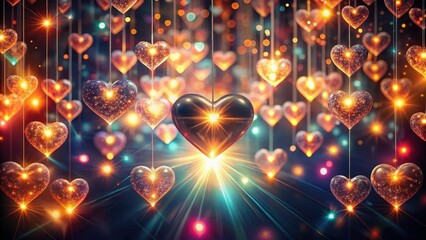 Wall Mural - Radiant hearts suspended in a kaleidoscope of abstract lights, emitting an ethereal glow against a dark canvas , ethereal, beautiful shiny hearts