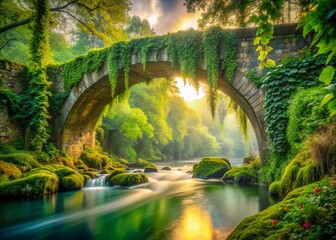 Sticker - Ancient Stone Bridge, Creeping Vines, Double Exposure, Nature Photography