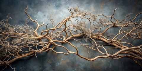 A tangled web of bare branches against a textured gray backdrop, showcasing the intricate patterns of nature's decay