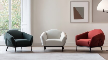 A modern living room featuring three stylish armchairs in green, white, and red, set against a minimalist backdrop with natural light.