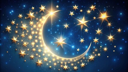 Wall Mural - celestial symphony of golden stars and a crescent moon, glimmering with cosmic dust on a deep blue c