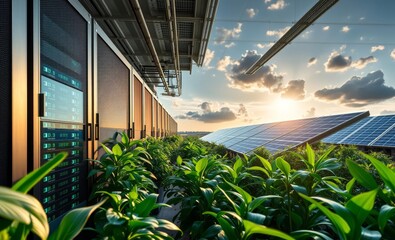 Wall Mural - Eco-friendly data center featuring a mix of advanced server racks and indoor plants under soft natural lighting innovative solar panel innovation power electricity energy technology panel renewable