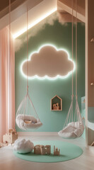 Wall Mural - Design an arch with cloud-shaped neon lights in pastel green and pink, a hanging chair,  toys, and a light blue table, with neon tube clouds on top.Minimal creative interior concept with copy space.