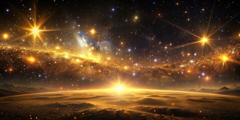 Wall Mural - a celestial landscape of glowing stars, a vast expanse of cosmic dust, and a distant sun rising over