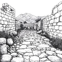 Wall Mural - Ink Drawing of a Stone Pathway Through Ancient Ruins Leading to Mountains.