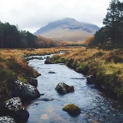 Sticker - Serene Stream Flowing Through Autumnal Scottish Highlands with Misty Mountain Peak in Background.