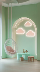 Wall Mural - Design an arch with cloud-shaped neon lights in pastel green and pink, a hanging chair,  toys, and a light blue table, with neon tube clouds on top.Minimal creative interior concept with copy space.