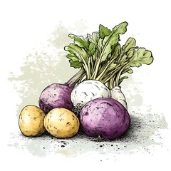 Wall Mural - A vibrant illustration of turnips, potatoes, and their leafy greens, rendered in a hand-drawn style with a textured background.