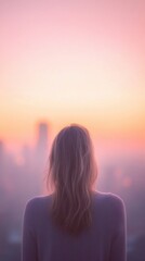 Wall Mural - a woman stands quietly, admiring the city beneath her as the sun sets, casting colorful hues across 