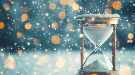 Wall Mural - An antique hourglass stands still as delicate snowflakes drift softly around it, illuminated by gentle, warm bokeh lights in the background