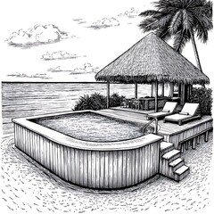 Wall Mural - Ink Drawing of a Tropical Resort Pool with Thatched Roof Cabana and Palm Trees.