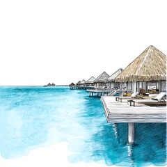 Wall Mural - Hand-drawn illustration of luxurious overwater bungalows in a tropical turquoise ocean.