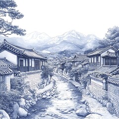 Wall Mural - Serene Blue and White Illustration of a Traditional Korean Village Nestled in a Mountain Valley.