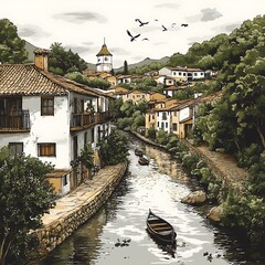 Wall Mural - Serene Canal Scene Boats Glide Through a Picturesque European Village Nestled Amongst Lush Greenery.