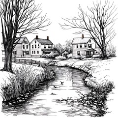 Wall Mural - Ink Drawing of a Serene Stream Flowing Through a Quaint Village of Houses.