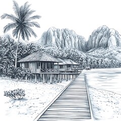 Wall Mural - Sketch of Tropical Beachfront Bungalows with Wooden Walkway Leading to Calm Waters.