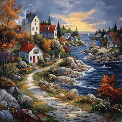 Wall Mural - Serene Coastal Village Pathway in Autumn A picturesque painted scene of a quaint coastal village path winding through autumn foliage towards a tranquil ocean with sailboats.