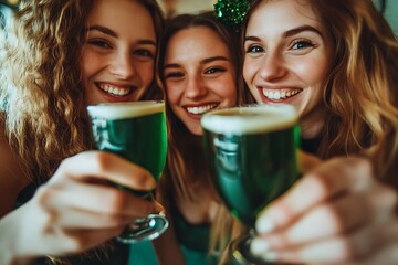 Three cheerful young women smiling and toasting with green beer, celebrating st. Patrick's day