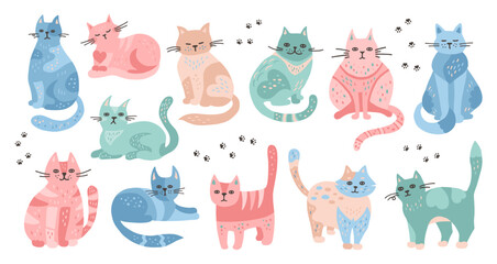  Cats hand drawn cartoon childish set. Cute kitten with ornament illustration soft colors for newborn babies. Funny pet animal design for kids. Colorful cats in different poses. Mammal character vector