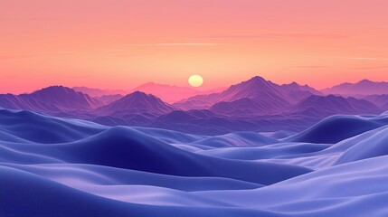 Wall Mural - Surreal sunset over purple and blue sand dunes and mountains.