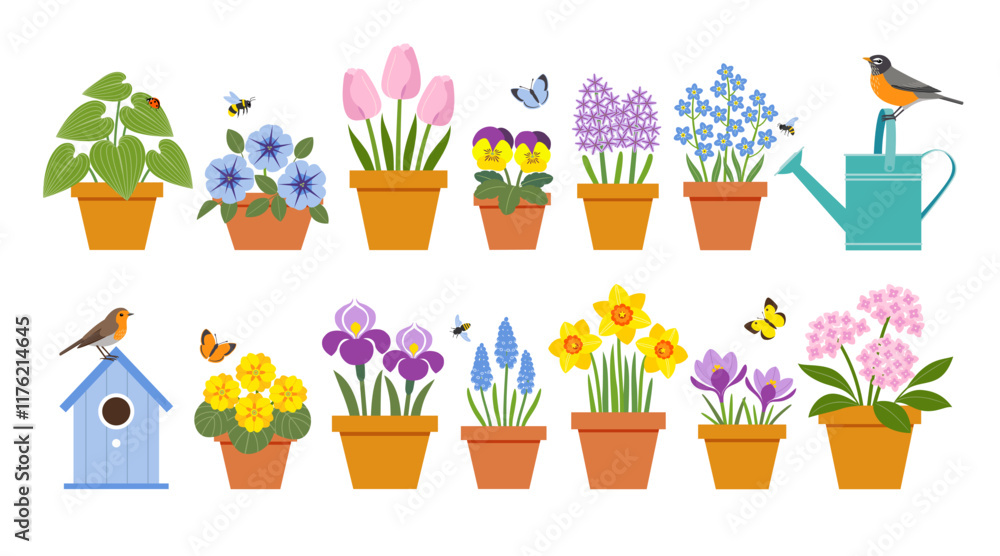 Vector set of colorful spring garden flowers in pots, birds, bees ...