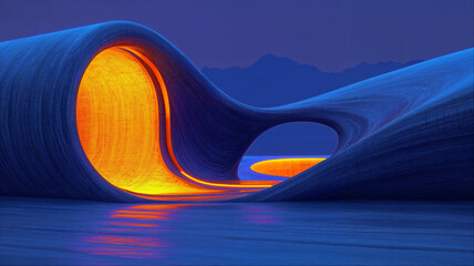 Glowing organic cave structure with orange illumination, Abstract surreal landscape with curved tunnel design