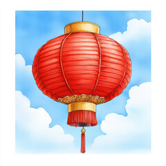 Wall Mural - Red lantern hanging against blue sky with fluffy clouds, symbolizing celebration