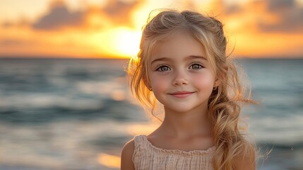 A young girl smiles warmly against a sunset backdrop by the beach.