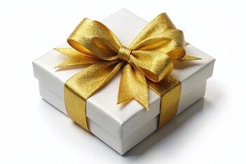 Wall Mural - Elegant White Gift Box with Gold Ribbon & Bow - Aerial View Stock Photo