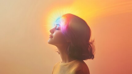 Wall Mural - Young Woman Portrait with Vibrant Rainbow Colors and Ethereal Light on a Soft Orange Background for Emotive and Creative Projects