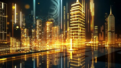 Aufkleber - Futuristic city skyline at night with glowing skyscrapers, bright lights, and digital elements, showcasing vibrant urban landscape and modern architecture.