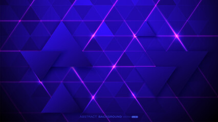 Wall Mural - Futuristic abstract background featuring geometric pattern of interlocking dark blue triangles with glowing purple neon lines