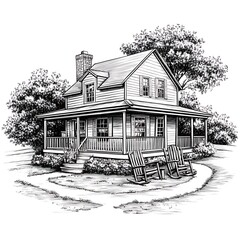 Wall Mural - A charming black and white ink drawing of a quaint country house with a porch and rocking chairs.